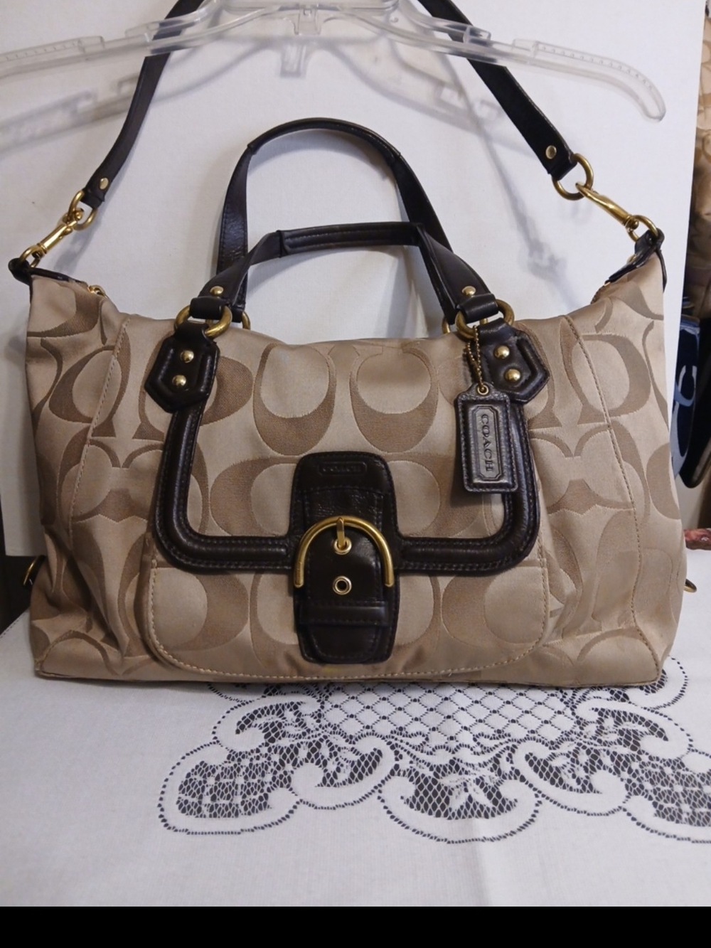 Coach Beige Signature Satchel with Dark Brown Leather Trim